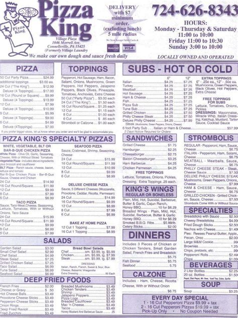 Pizza king connellsville pa - Pizza King is a local institution that offers delicious specialty pizza options, convenient carryout and delivery, and fresh, homemade sauce. You can order a 30-inch, 50-cut …
